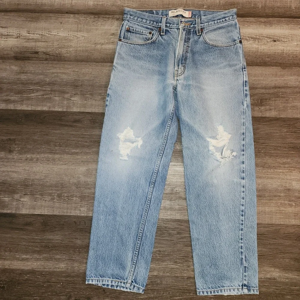 Levis 550 Mens 32x30 Distressed Relaxed Fit Straight Leg Light Wash Jeans Blue